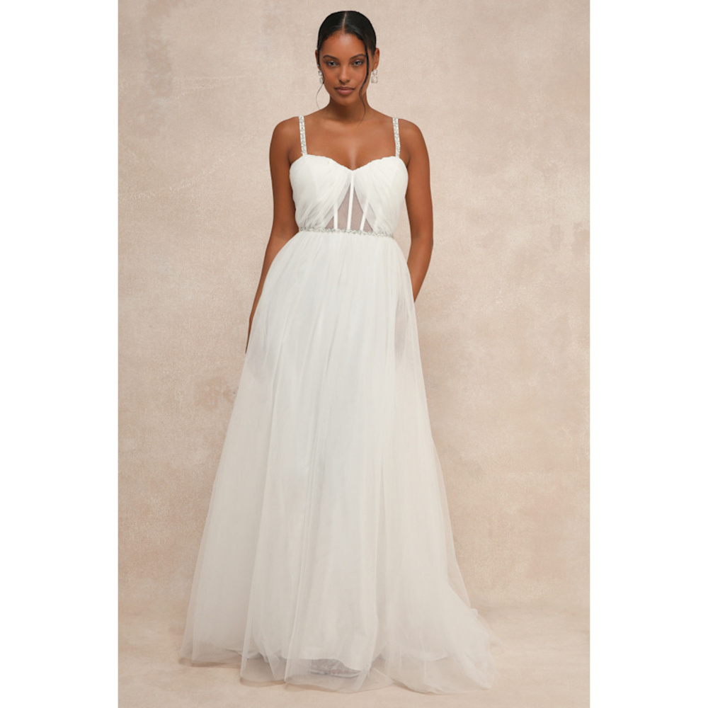 Lulus Glittering Romance White Rhinestone Tulle Bustier Maxi Dress - Size L